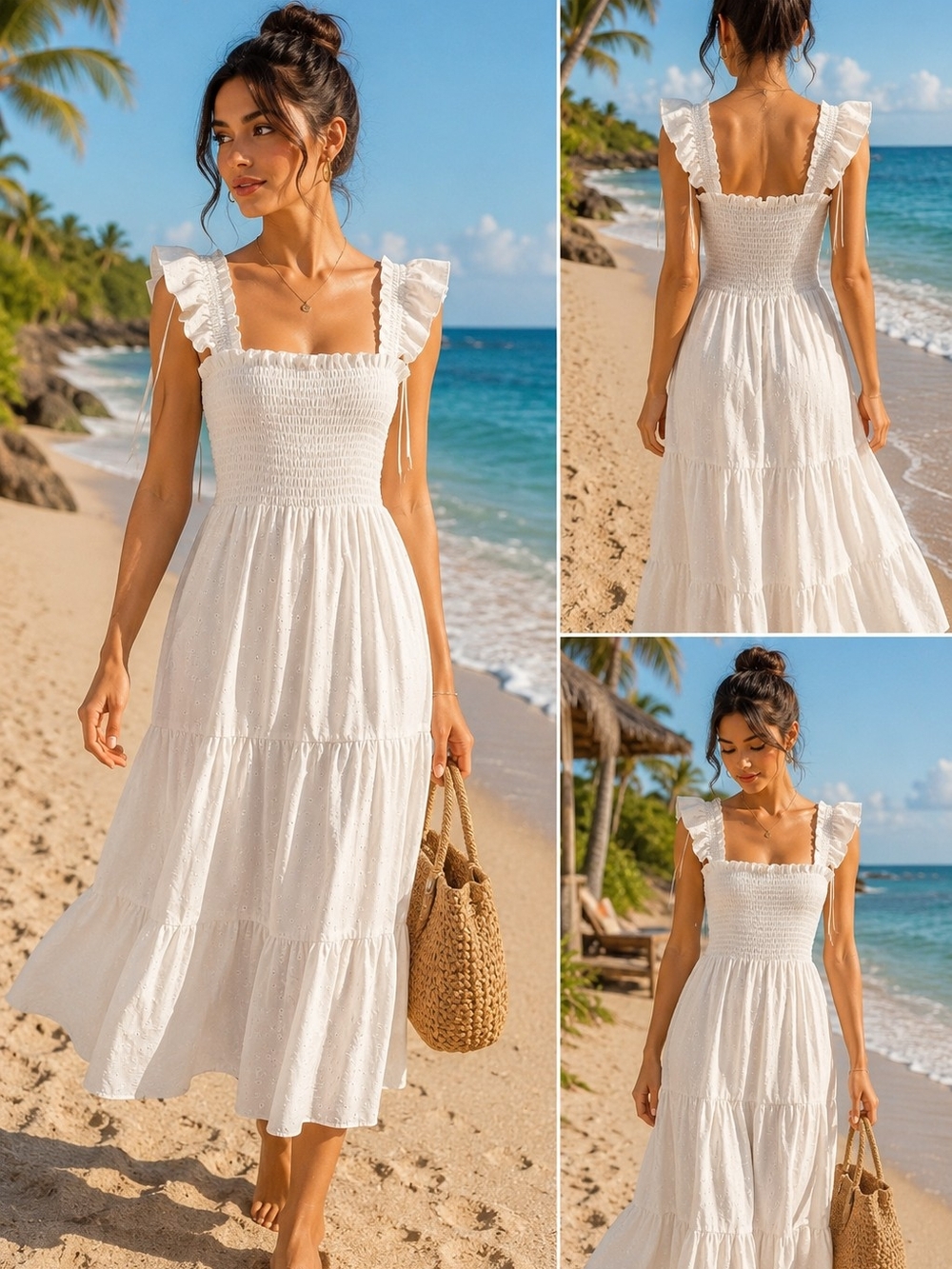 julia jordan White Smocked Ruffle Strap Maxi Dress
